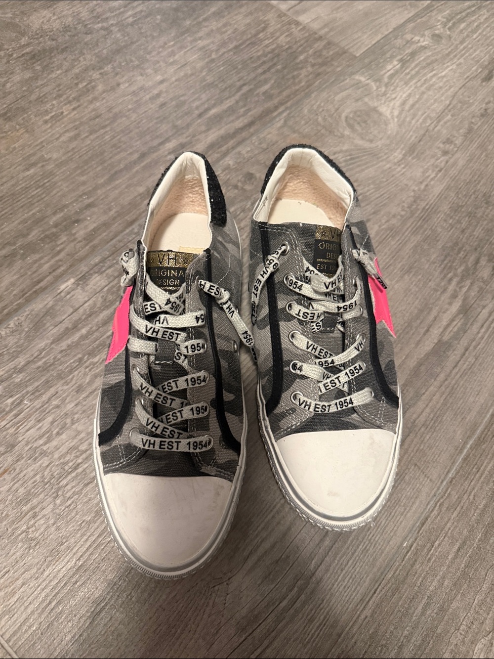 Vintage Havana Gray Camo Sneakers with Pink Star Accent